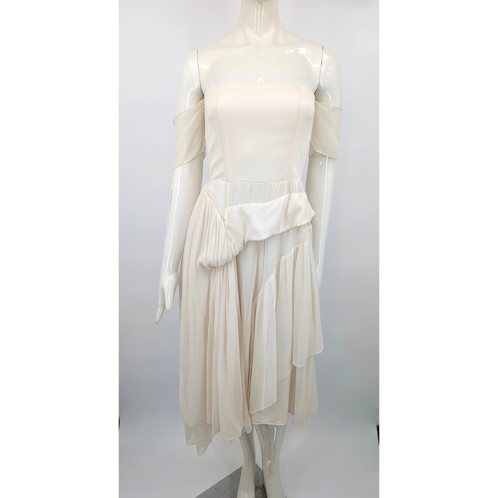 Morgane Le Fay Silk Ivory Off Shoulder Ruffle Dress Wedding Bridal Size S